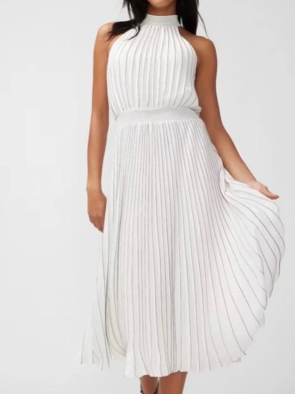 WHBM white with black stripes pleated halter midi dress size 4